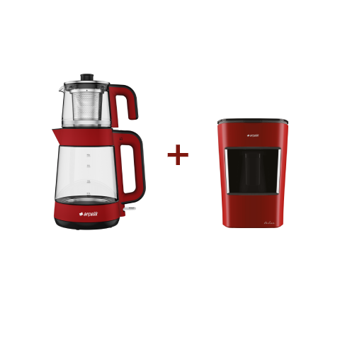 Arçelik Kırmızı Cam Çaycı ve Türk Kahve Makinesi Seti