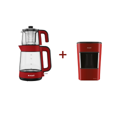 Arçelik Kırmızı Cam Çaycı ve Türk Kahve Makinesi Seti
